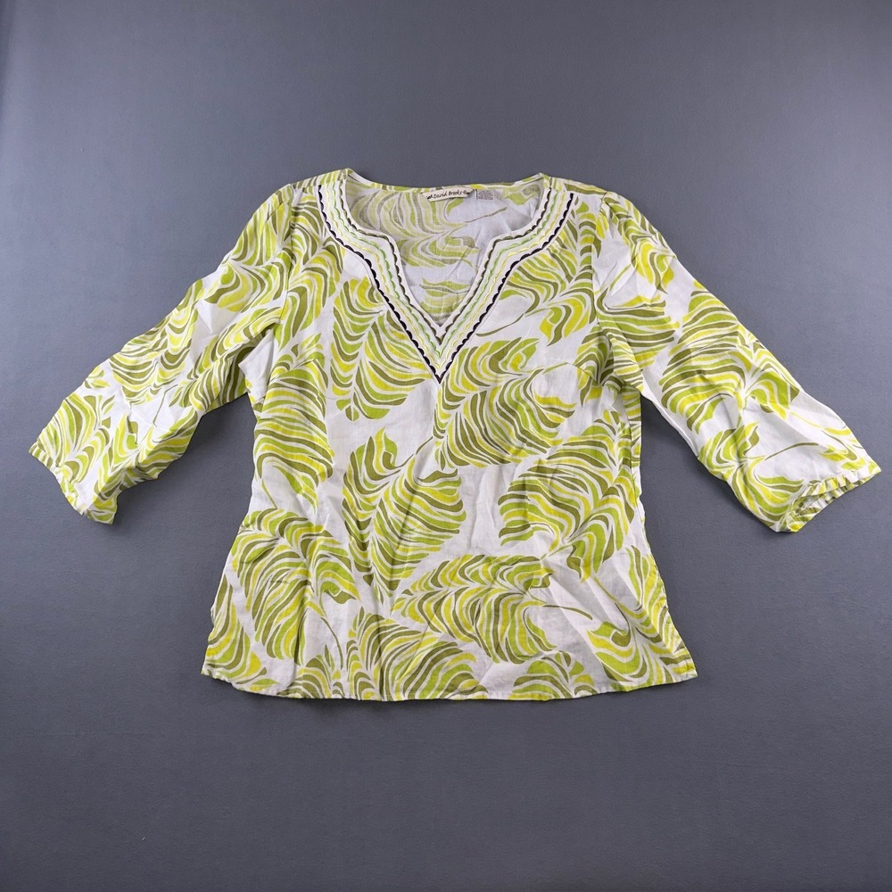 David Brooks Womens XL Linen Tunic Top Green Yellow Tropical Leaf 3/4 Sleeve
